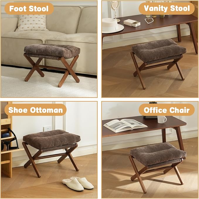 Baveke Ottoman Foot Rest- Bamboo Foldable Stool, Foot Stools Small Ottman with Upholstered & X Legs, Folding Stool for Makeup, Bedroom and Living Room (Small Brown)