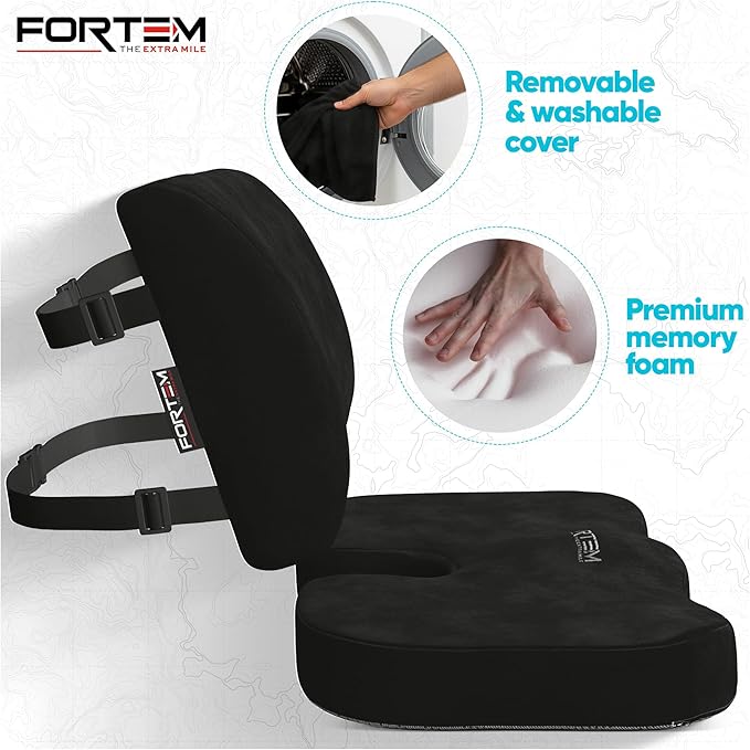 FORTEM Seat Cushion, Office Chair Cushion, Lumbar Support Pillow for Office Chair, Memory Foam Car Seat Cushions, Sciatica Coccyx Tailbone Pain Relief, Cushions for Back Support, Washable, Non Slip XL