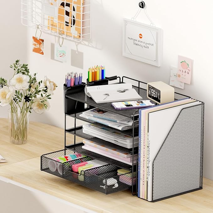 OPNICE Desk Organizer, 5-Tier Paper File Organizer with Drawer & Pen Holder, Office Desk Accessories, Workspace Desktop Organizer for Office Supplies(Black)
