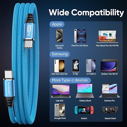 USB C to USB C Cable, 6FT 5-Pack Type C to Type C Charger Cable Fast Charging Cord 60W for iPhone 15/15 Pro/15 Plus/15 Pro Max, Samsung Galaxy S23 S22 S21 Ultra