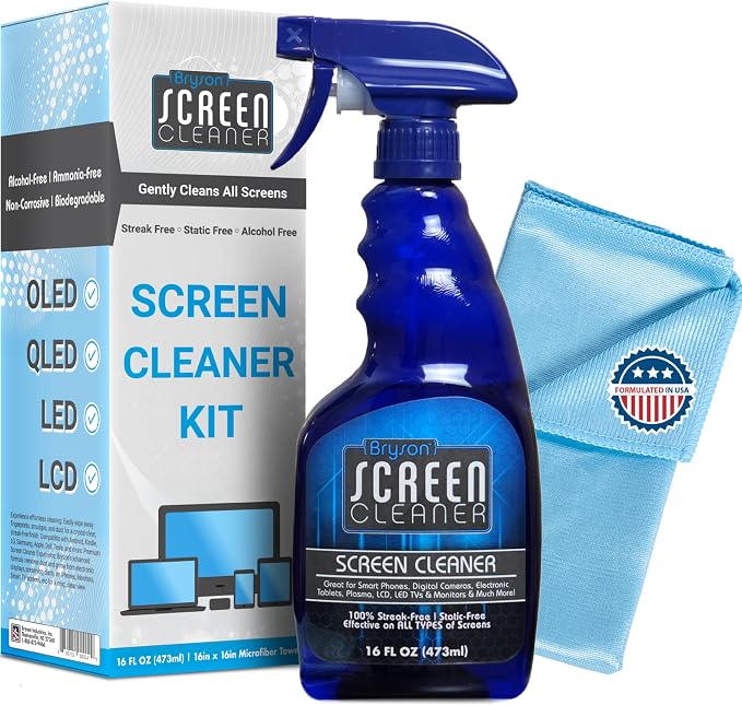 Bryson Screen Cleaner Spray and Wipe Kit - Safe for LED, LCD, OLED, Smart TV, Monitor, Laptop, Computer, Car Display - 16oz with Microfiber Cloth