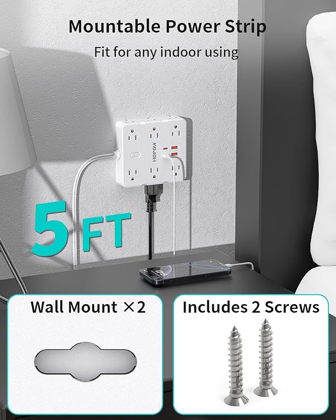 HOPOW 2 Prong Power Strip, 2 Prong to 3 Prong Outlet Adapter with 12 AC & 4 USB(2 USB-C), 1700J Two Prong Surge Protector, 5FT Extension Cord, Wall Mountable, Ideal for Old House Non-Grounded Outlets