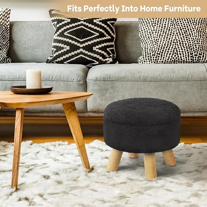 OGEMXU Ottoman Foot Rest, Small Round Ottoman with Storage, Boucle Teddy Velvet Footstool with Wood Legs, Soft Sponge Storage Ottoman for Living Room, Bedroom, Couch, Enterway (Black)