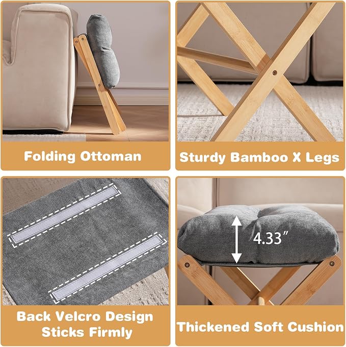 Baveke Folding Upholstered Footrest Stool, Small Accent Ottoman with Thick Cotton Cushion & Bamboo X Legs, Modern Padded Sofa Stool for Makeup Bedroom Living Room, Grey