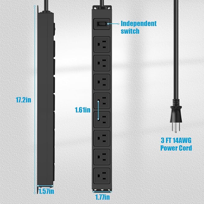 HHSOET 2 Pack Magnetic Mount Power Strip, 8 Outlet Mountable Socket, Metal Heavy Duty Surge Protector, Gaming Table Outlet, Easy to Fix Without Drilling or Taping, 3FT Extension Cord.(Black)