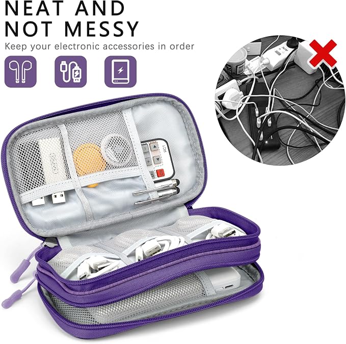Skycase Electronic Organizer Travel Case - Waterproof Travel Cord Pouches for Organization, Cable Organizer, All-in-One Double Layers Storage Bag for Accessories, Charger, Cable, Purple - Medium