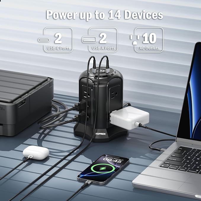 TOPREK Power Strip Surge Protector Tower (2100J) – 10 Outlets, 2 USB-C (20W PD3.0 Fast Charging), 2 USB-A, Flat Plug 6.5FT Extension Cord for Home Office, Dorm, and Multiple Devices Charging Station