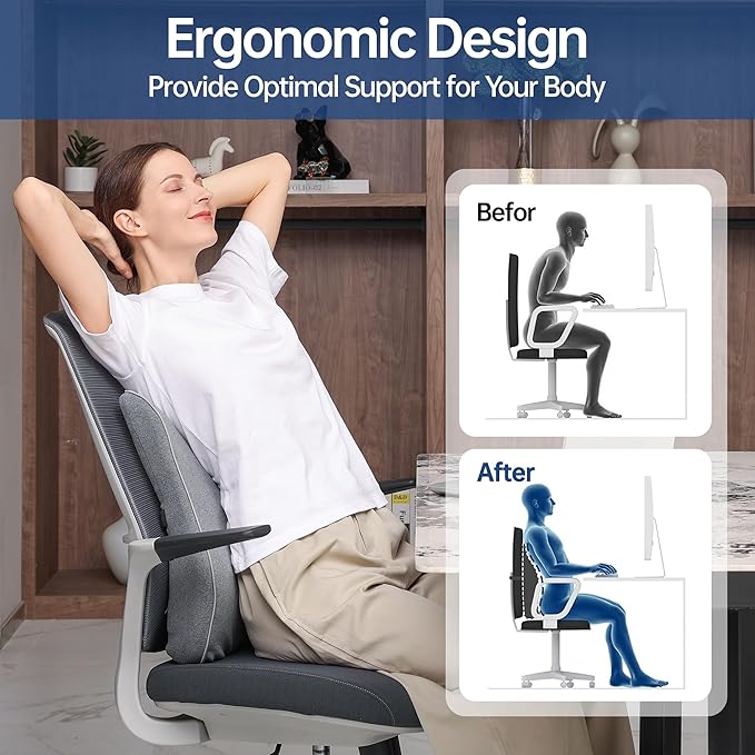 Lumbar Support Pillow for Office Chair Car Seat Gaming Chair, Memory Foam Back Support Pillow, Lumbar Cushion Back Cushion for Lower Back Pain Relief, Adjustable Strap Washable Cover-Grey