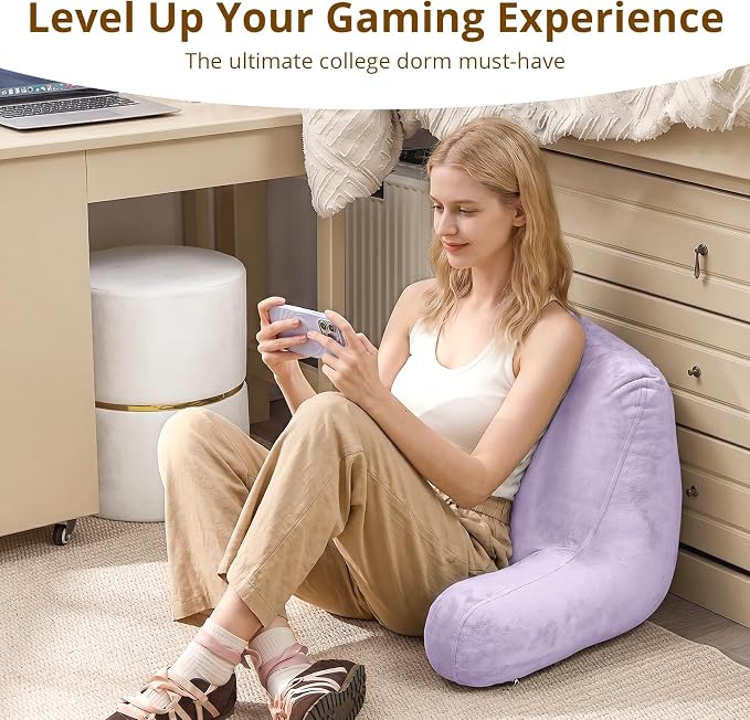 Sasttie Reading Pillow, Velvet Back Pillow for Bed Sitting Up, Adult Back-Rest Support Cushion with Arms for Sit Up on Couch, Sofa, and Floor, Dorm Essentials, Reading Accessories, Lavender