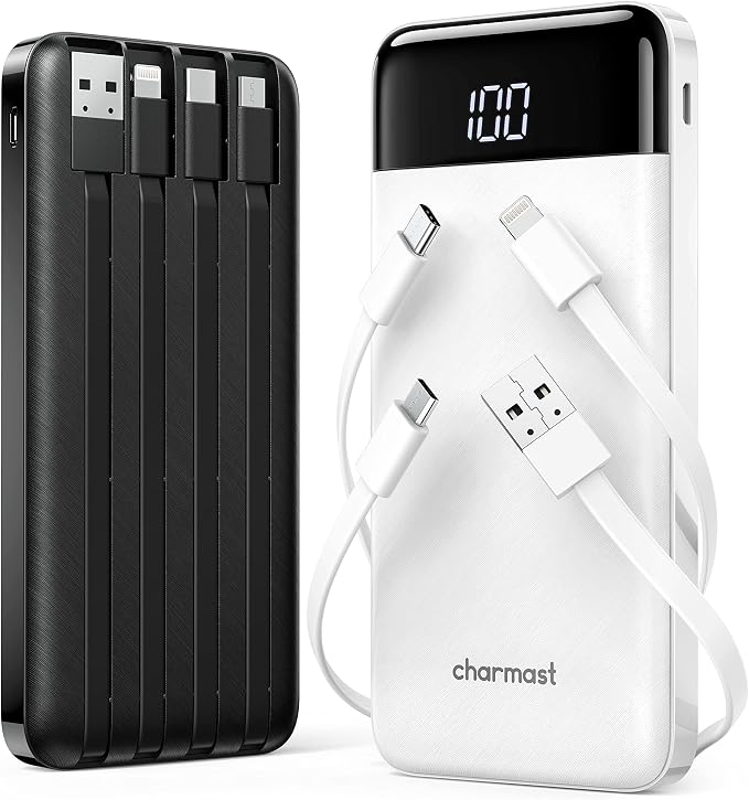 charmast 2 Pack 10000mAh Portable Charger, Power Bank with Built-in 4 Cables, 6 Outputs & 3 Inputs, Battery Pack with Digital Display, Travel Essential for iPhone All Series & Android, Family Sharing