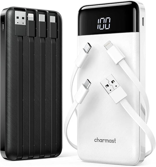 charmast 2 Pack 10000mAh Portable Charger, Power Bank with Built-in 4 Cables, 6 Outputs & 3 Inputs, Battery Pack with Digital Display, Travel Essential for iPhone All Series & Android, Family Sharing