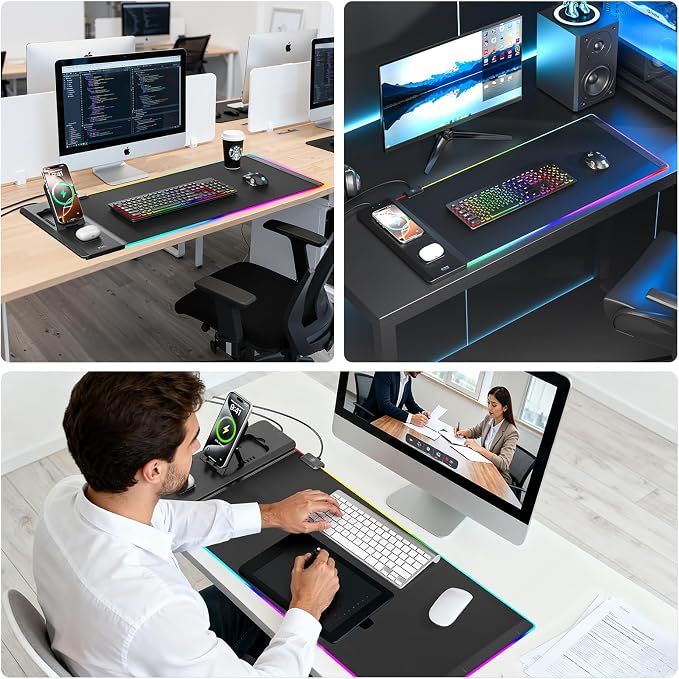 KDD RGB Mouse Pad with Wireless Charging - Desk Mat with Phone Holder and 15W Fast Charger - Gaming Mousepad with Ultra-Smooth Surface, Non-Slip Base - Keyboard Mat for Home Office Gamer Accessories