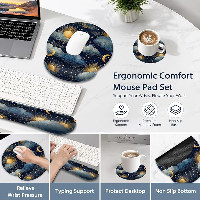 Starry Night Keyboard Wrist Rest Pad Ergonomic Mouse Pad Set,Sun Moon 3 in 1 Memory Foam Mouse Pad with Non Slip Base for Office and Home