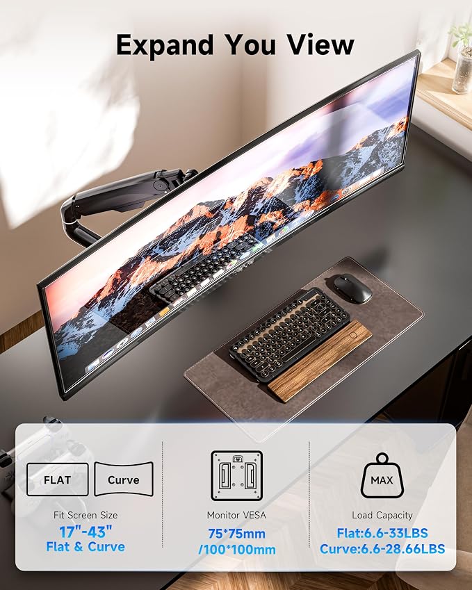 BIZUM Heavy Aluminum Monitor Stand 17 to 43 Inch Monitor Arm, Adjustable-Monitor Mount up to 33lbs with Clamp and Grommet Base, VESA 75x75/100x100mm Black