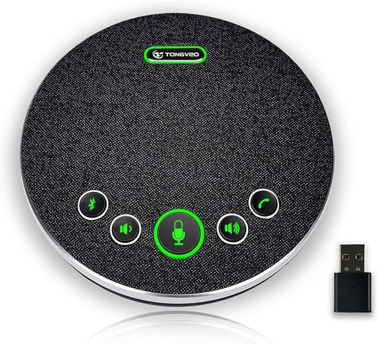 TONGVEO Bluetooth Speakerphone Conference Microphones, Wireless Conference Speaker 360°Voice Pick up with 4 AI Noise Cancellation Mics USB/Dongle/Bluetooth Connection 8 Hour Call Time for 8-12 People