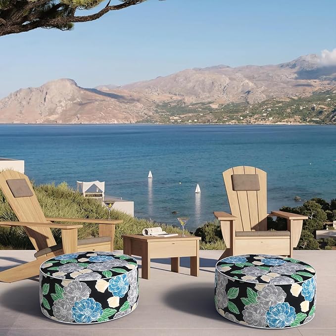DYTXIII Inflatable Ottoman Stool D21 xH9 for Outdoor/Indoor Use, Water Repellent Patio Foot Rest with Portable Handle,Round Pouf Ottoman Suitable for Garden,Deck and Camping-Peony Garden