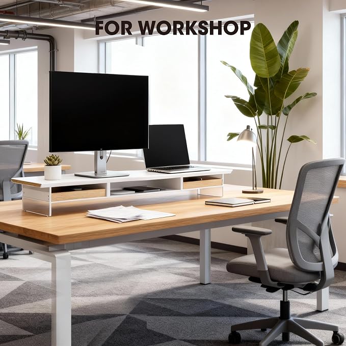 Fenge 42.5” Dual Monitor Stand Riser with 2 Felt-Lined Drawers, Aesthetic Metal and Wood Monitor Shelf with Acrylic Legs, 2-Tier Desk Organizer for 2 Monitors, Laptop, Printer, TV, White