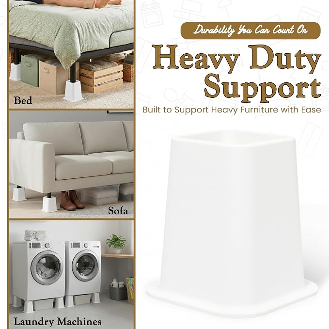 Kings Brand Furniture 6-inch Bed Risers - Set of 4 White Heavy Duty Stackable Furniture Risers for Under Bed Storage, Desk, Sofa, Couch