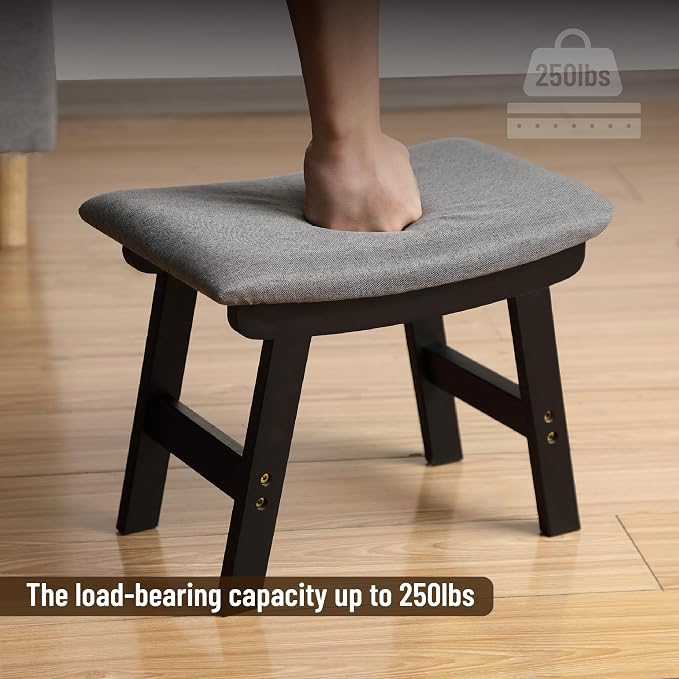 BAMBOO LAND- Bamboo Foot Stools Ottoman, Gray Cushion & Black Wood Legs, Small Ottoman Foot Rest for Couch