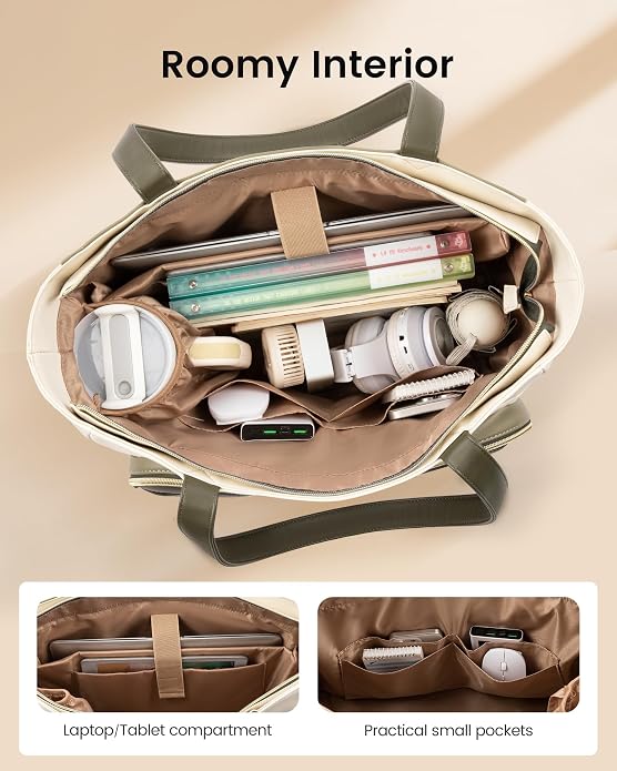 LOVEVOOK Teacher Tote Bag with Accordion File Pocket, Soft PU Leather Work Briefcase Quilted Laptop Bag with Large Cup Holder