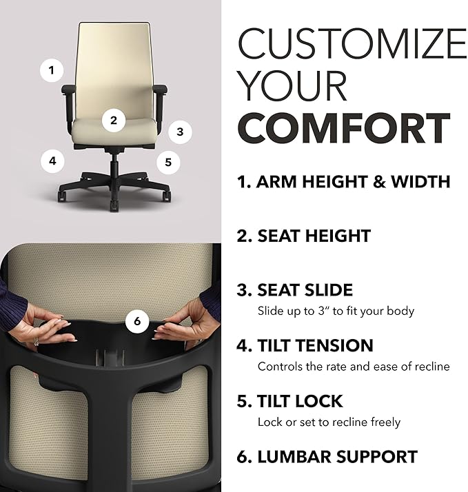 HON Ignition 2.0 Mid Back Task Chair, Spectrum Mesh, Advanced Synchro-Tilt Control, Office Chair with Lumbar Support, Height and Width Adjustable Arms, Black Frame, Linen
