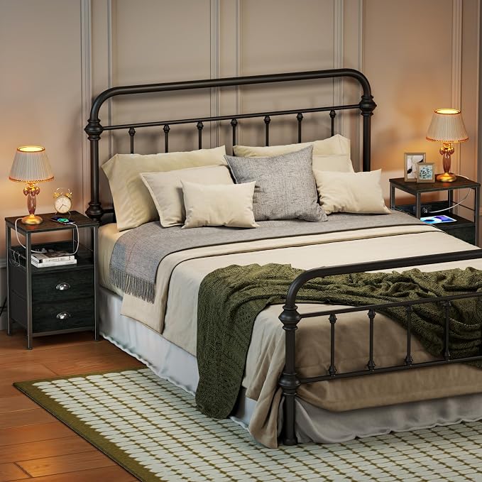 Furologee Nightstand Set of 2, Black Oak, with Charging Station and USB Ports, Side Tables with 2 Fabric Drawers, Bedside Tables with Storage Shelf & Hooks, for Living Room/Bedroom