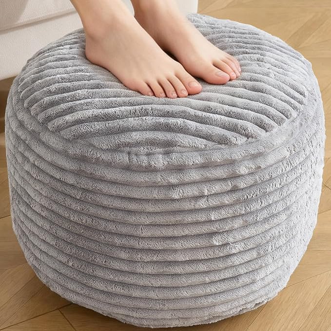 Round Ottoman,Corduroy Pouf Ottoman Foot Rest,Storage Footstool for Living Room,18x14 Soft Floor Poufs,Memory Foam Filling - Light Grey, 18x14 in