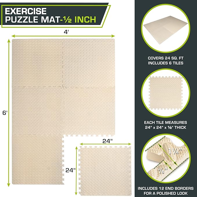 ProsourceFit Exercise Puzzle Mat ½-inch, EVA Interlocking Foam Floor Tiles for Home Gym, Workout Equipment, Kids Play Areas, Cream, 24 Sq Ft - 6 Tiles