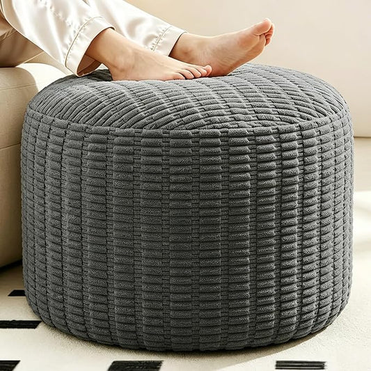 Round Corduroy Ottoman Foot Rest Pouf for Living Room Couch - Soft Plush Shredded Foam Filled Hassock Stool, Comfy Footstool for Adults (Charcoal - Chunky Corduroy, 26 INCH×18 INCH)
