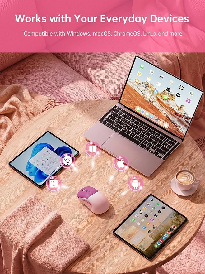 hunart H6 49g Wireless Mouse, Bluetooth & 2.4GHz Rechargeable Mouse, Lightweight Silent Ergonomic Mouse with USB-C Charging, Portable Right-Hand Office Mouse for Laptop, PC, MacBook(Berry Pink)