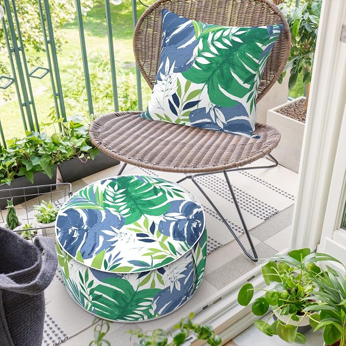 DYTXIII Inflatable Ottoman Stool D21 xH9 for Outdoor/Indoor Use, Water Repellent Patio Foot Rest with Portable Handle,Round Pouf Ottoman Suitable for Garden,Deck and Camping - Islamorada Blue Green