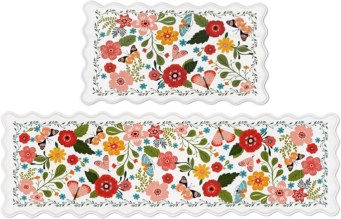 Arenarug Scalloped Kitchen Mats for Floor 2PC Cushioned Anti Fatigue Kitchen Mats Rugs Waterproof Non Slip Boho Floral Comfort Foam Standing Mat for Sink Laundry, White,17.3x30+17.3x59