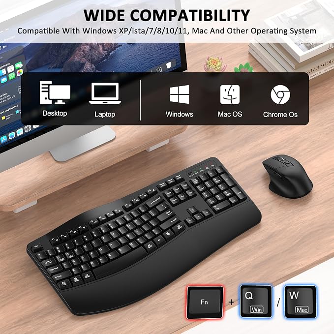 Wireless Keyboard and Mouse Combo, EDJO 2.4G Full-Sized Wave Keys Ergonomic Keyboard and Wireless Optical Mouse, Energy-Saving Wireless Mouse Keyboard for Computer, Mac, Laptop, PC, Windows(Black)