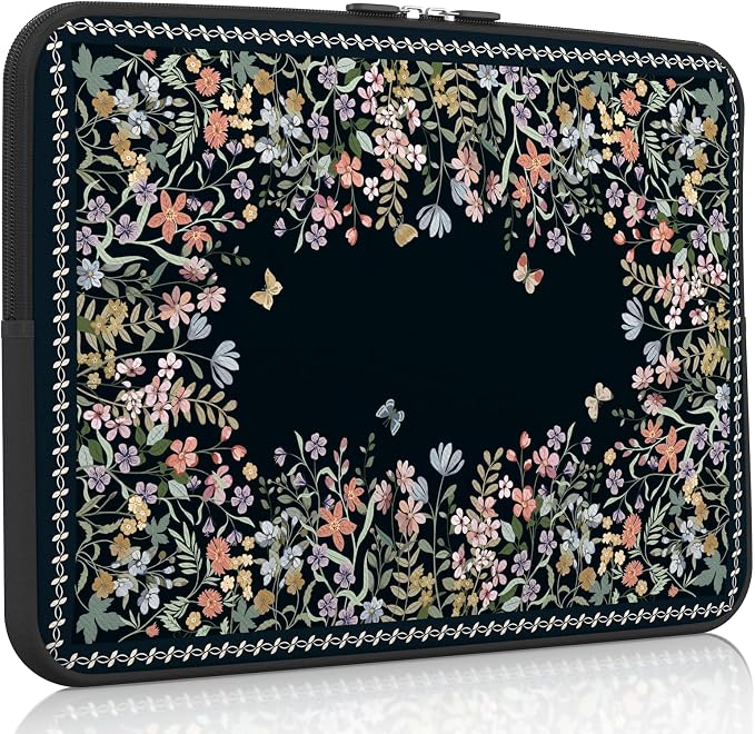 iCasso Laptop Sleeves 13 inch,Retro Laptop Carrying Case Black,13-13.6 inch Computer Sleeve Bag Compatible with MacBook Neo/Air/Pro 13-14 Sleeve, HP Dell ASUS Lenovo Chromebook Notebook,Flowers