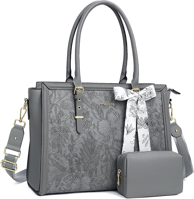 MOSISO Laptop Bag for Women, 15.6-16 inch PU Leather Tote Bag Compatible with MacBook, HP, Dell, Asus Notebook, Front Embossed Retro Hibiscus Computer Bags with Silk Scarf&Clutch Purse, Gray