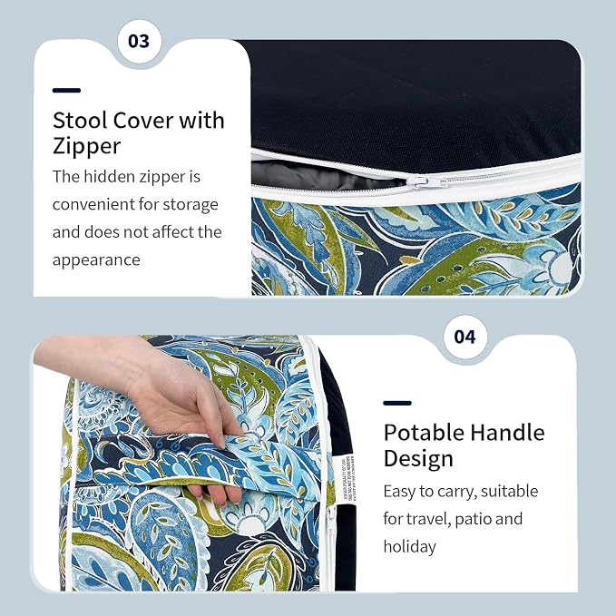 DYTXIII Inflatable Ottoman Stool D31 xH14 for Outdoor/Indoor Use, Water Repellent Patio Foot Rest with Portable Handle,Round Pouf Ottoman Suitable for Garden,Deck and Camping - Paisley Lapis Green