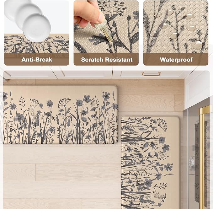 KIMODE Anti Fatigue Kitchen Mats for Floor, Farmhouse Kitchen Rugs Sets of 2, Cushioned Kitchen Floor Mats, Comfort Standing Mat for Sink, Laundry, Office, Desk Brown/Grey 17"x47"+17"x29"