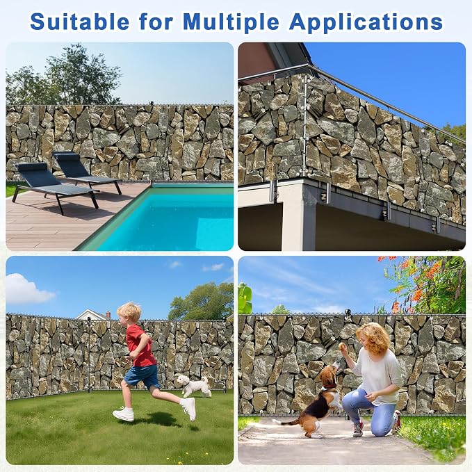 UPGRADE 4'x14'Customized PVC Privacy Fence Screen with Stone Wall Print – Outdoor Waterproof Patio Privacy Cover for Yard, Balcony, Garden Fence Decoration