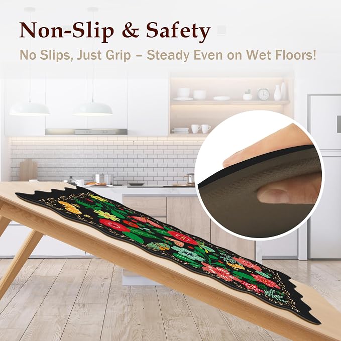 Arenarug Scalloped Black Kitchen Mats for Floor 2PC Cushioned Anti Fatigue Kitchen Mats Rugs Waterproof Non Slip Farmhouse Boho Floral Comfort Foam Standing Mat for Sink Laundry