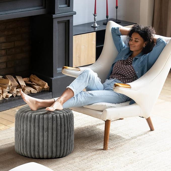 Teenyyou 2 Pcs 20 x 15 Inch Unstuffed Pouf Cover Ottoman Foot Rest - No Filler, Faux Rabbit Fur Foot Stool Floor Bean Bag Floor Chair Storage for Living Room Bedroom Home Decor(Gray)