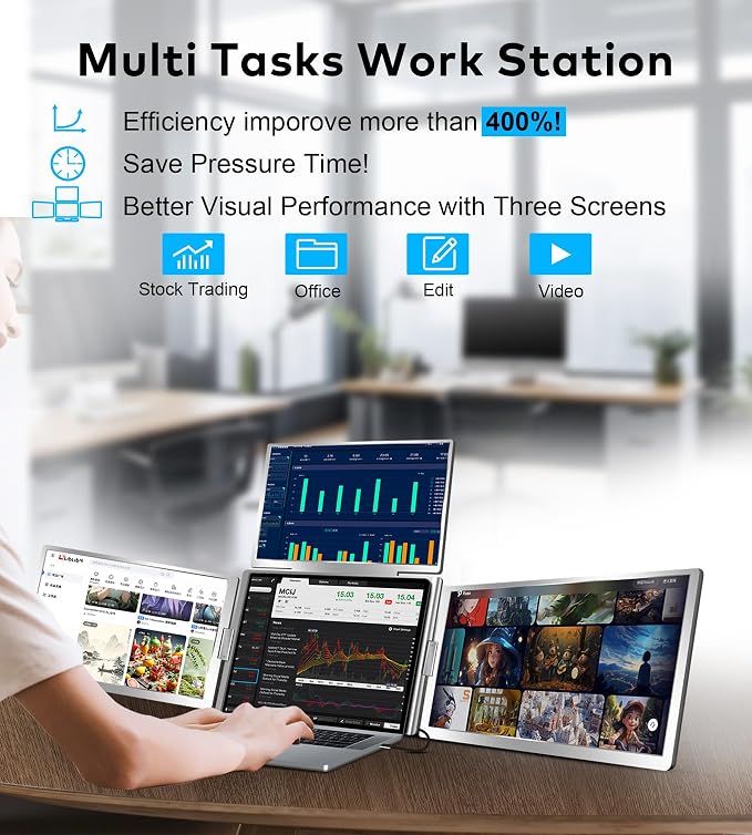 Portable Monitor Laptop Screen Extender, FHD IPS Triple Screen Laptop Monitor Extender, 1 Cable for 3 Screens Travel Monitor for 12"-16.5" Laptops, fit for Win and Mac