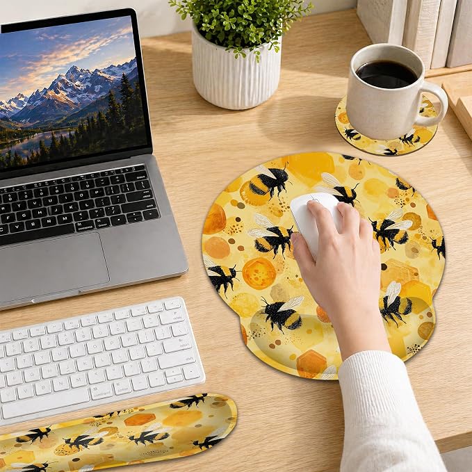 Ergonomic Keyboard and Mouse Wrist Rest Set, Cute Bee Mouse Pad with Non Slip Base, Soft Cloth Surface for Office and Home Typing Support