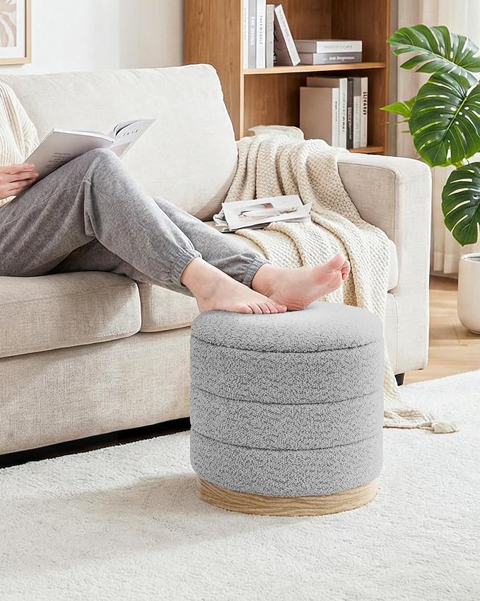 B FSOBEIIALEO Round Storage Ottoman with Tray, Folding Ottoman with Storage Coffee Table Foot Rest for Dorm Room Living Room Chenille Fabric,Sliver Grey,15.35"x15.35"x14.57"