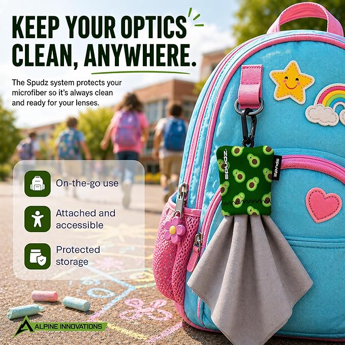 SPUDZ Classic Microfiber Lens Cleaner – Clip-On Pouch, Washable – for Binoculars, Scopes, Glasses, Screens | Classic | Avocado, 10 x 10 Inch (2-Pack)