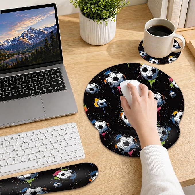 Soccer Keyboard Wrist Rest Pad Ergonomic Mouse Pad Set,3 in 1 Memory Foam Mouse Pad with Non Slip Base for Office and Home