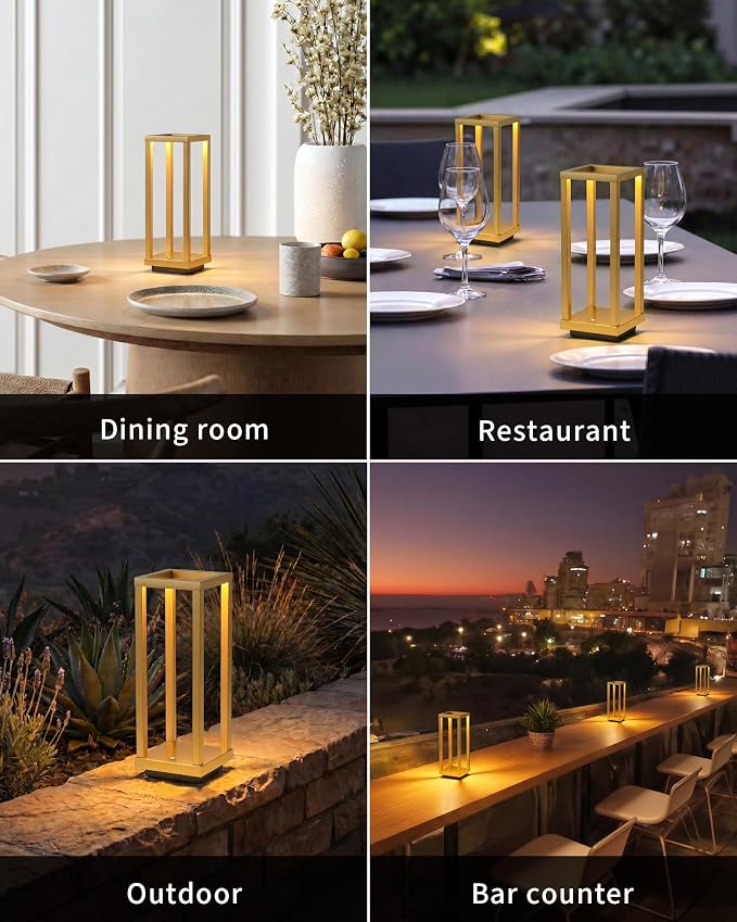 PUSU Cordless Waterproof Table Lamps Set of 2, Gold Outdoor Rechargeable 4000mAh Battery Operated Desk Lamp 2700K 3-Level Dimmable, Portable LED Lighting for Patio, Camping, Bedroom, Night Light