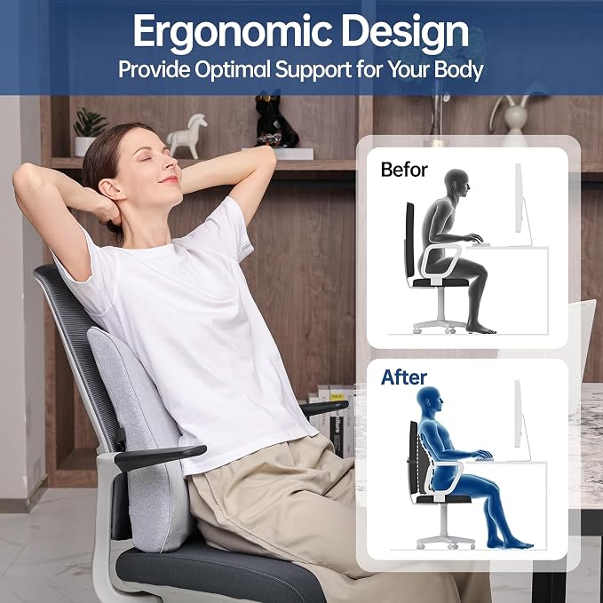 Lumbar Support Pillow for Office Chair Car Seat Gaming Chair, Memory Foam Back Support Pillow, Lumbar Cushion Back Cushion for Lower Back Pain Relief, Adjustable Strap Washable Cover-Light Grey