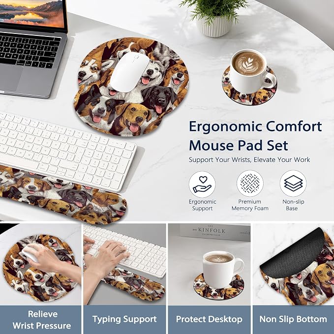 Wrist Rest Mouse Pad and Keyboard Support Set,Cute Dog 3 in 1 Ergonomic Memory Foam Mousepad with Non Slip Base, Gaming Mouse Pad for Office and Home