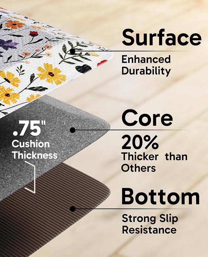 Ophanie Kitchen Mats for Floor, 3/4 inch Thick, 20x48 Anti Fatigue Cushioned Mat, Kitchen Rugs, Waterproof, Comfort Ergonomic Standing Mat for Office, Home, Sink, White Flower Non-Slip Ridged Bottom