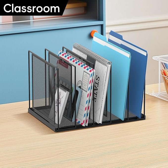 File Organizer for Desk, 5-Section Vertical File Sorter, Paper Holder Organizer Standing Metal File Folder for Office Home Classroom, Black